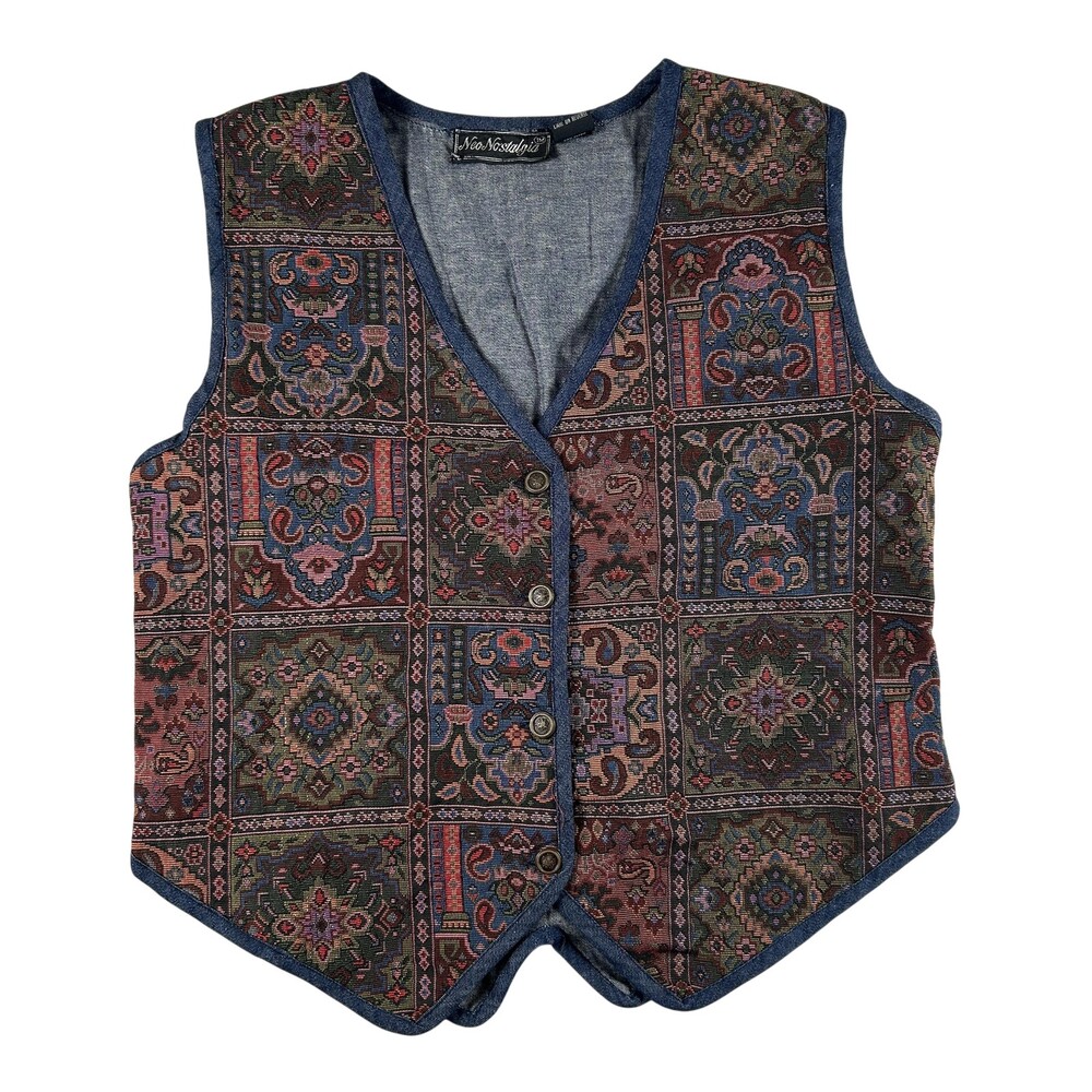Vintage Neo Nostalgia Vest Womens Small Denim Tapestry Geometric Button Belted